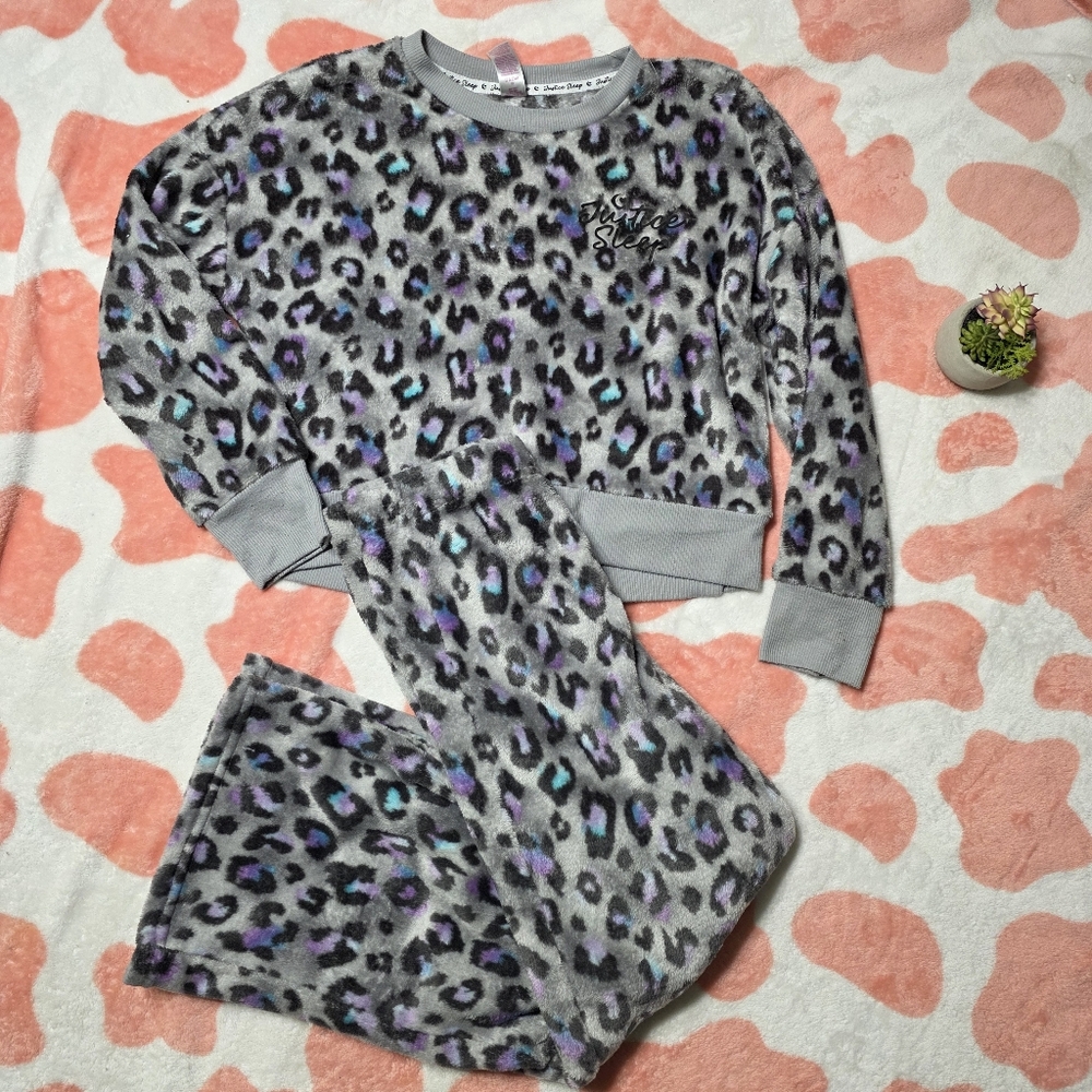 Justice Sleep Girls Pajama Set, Size M (10), Gray Blue and Purple Leopard Print